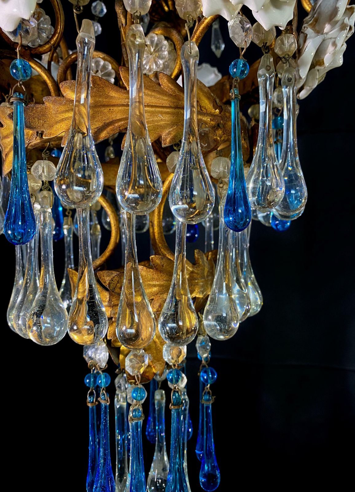 Lovely Chandelier With White Roses And Blue Drops, Murano, 1950s photo buy
