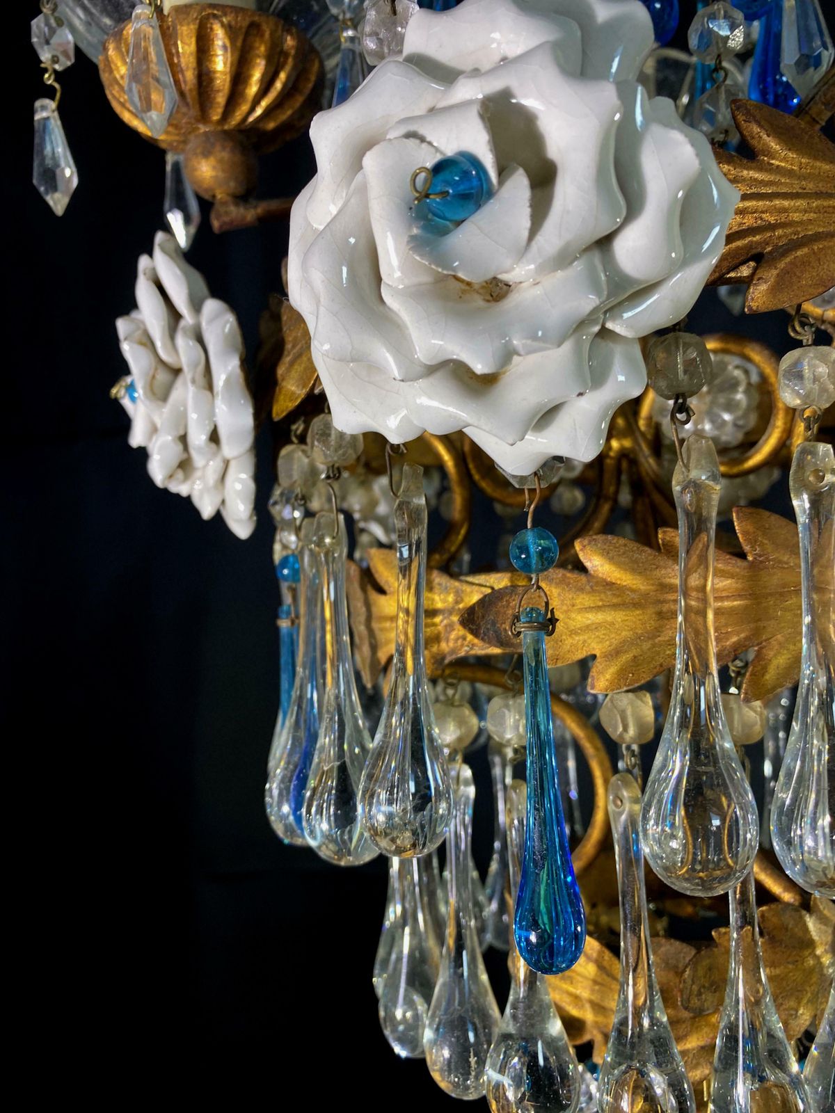 photo buy Lovely Chandelier With White Roses And Blue Drops, Murano, 1950s