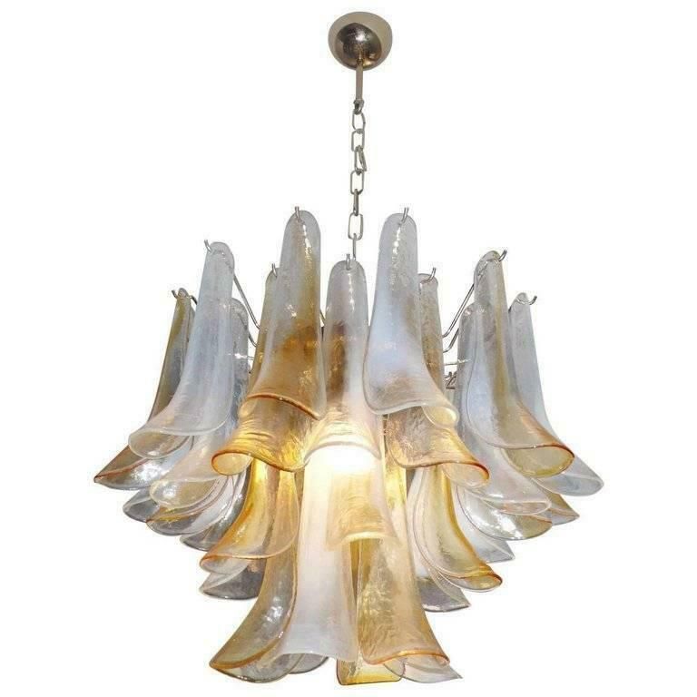 Elegant Pair Of Chandeliers 36 White And Amber Petals, Murano, 1990s photo furniture