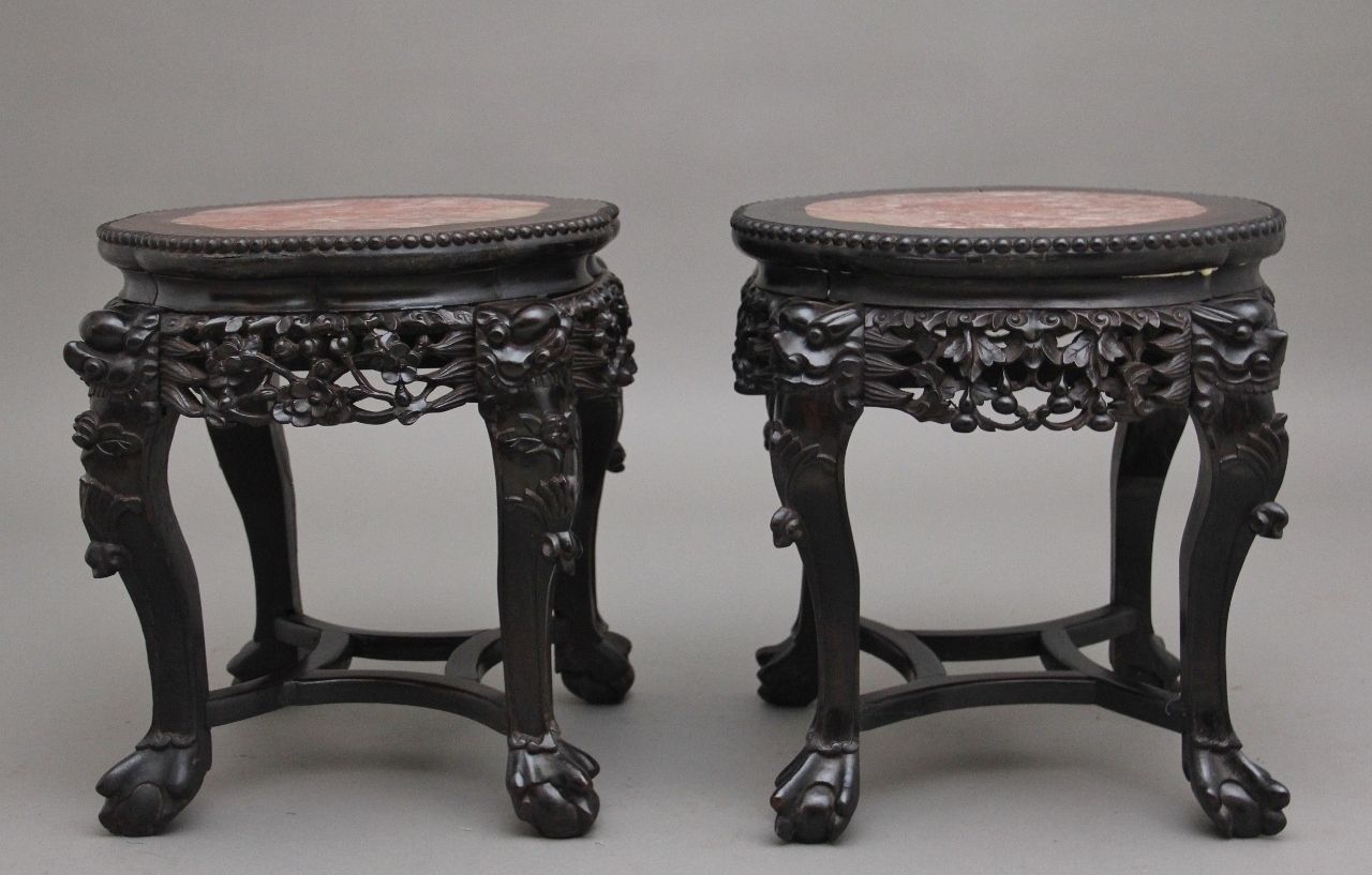 A Pair Of 19th Century Antique Chinese Carved Hardwood Occasional Table photo vintage
