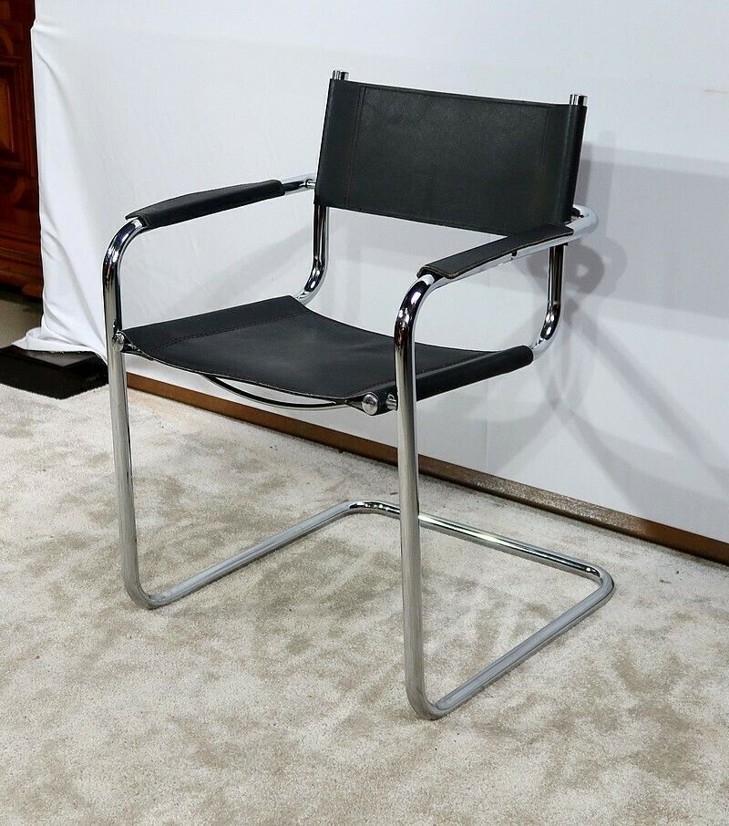 Armchair In Chromed Metal And Black Leather, After M. Breuer – 1970s