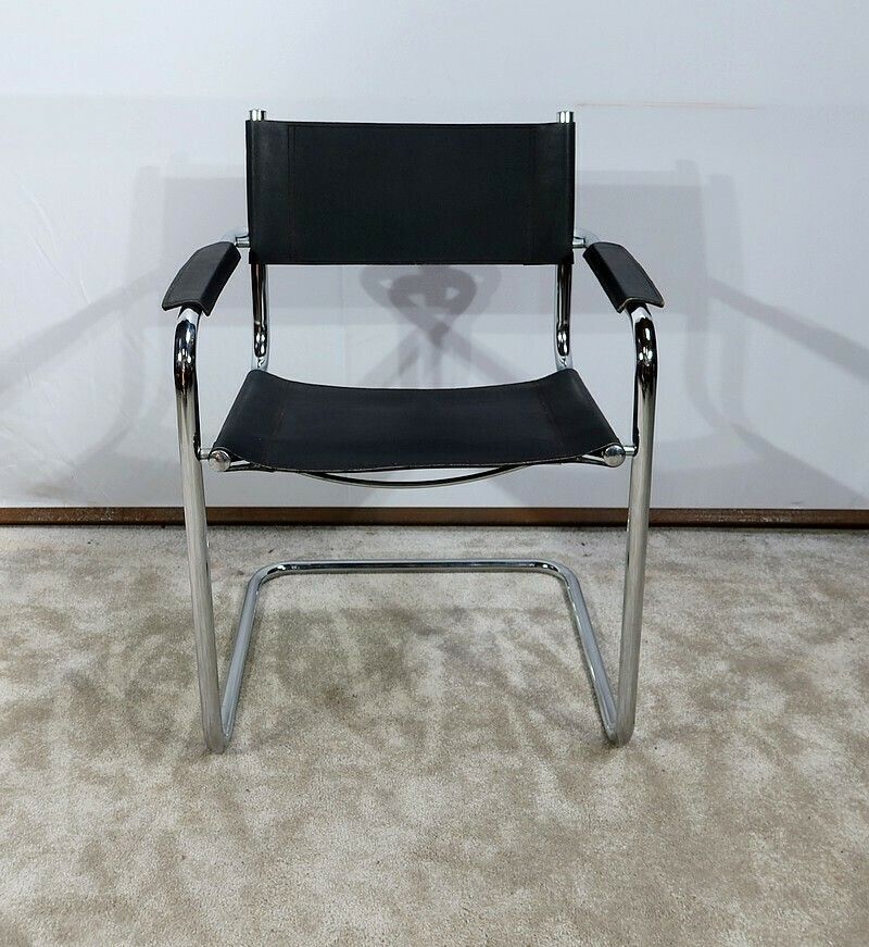 Armchair In Chromed Metal And Black Leather, After M. Breuer – 1970s photo furniture
