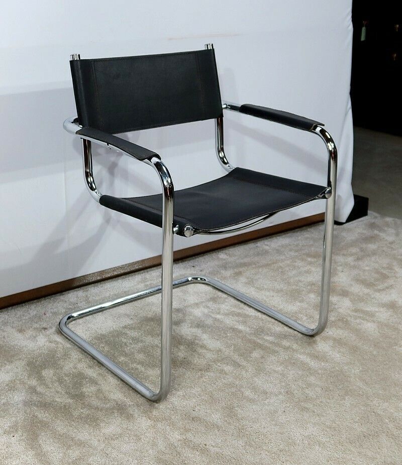 Armchair In Chromed Metal And Black Leather, After M. Breuer – 1970s photo for sale