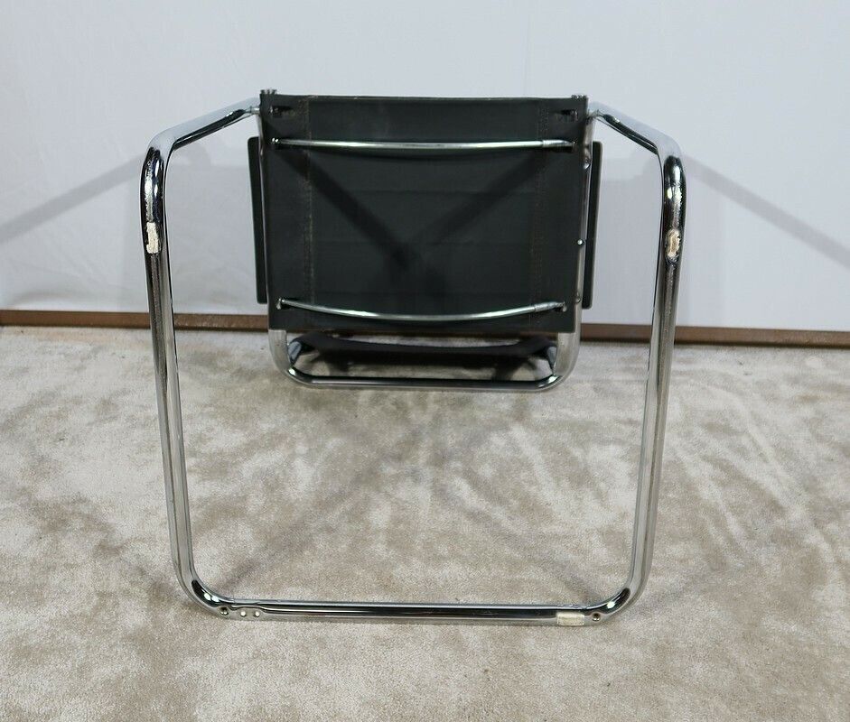 photo vintage Armchair In Chromed Metal And Black Leather, After M. Breuer – 1970s