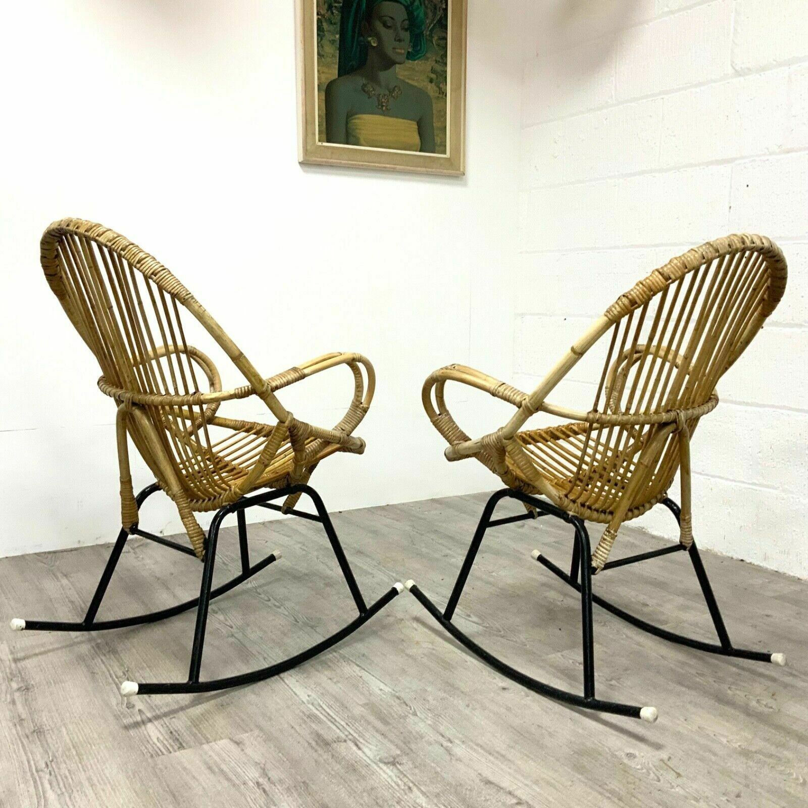 2 X Bamboo Wicker Rocking Chairs By Dirk Van Sliedregt For Rohe Noordwolde, 70s photo vinterior