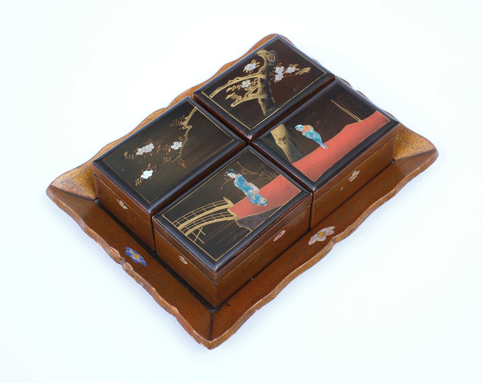 Oriental Lacker Boxes On A Tray, Japan, 1930s photo for sale
