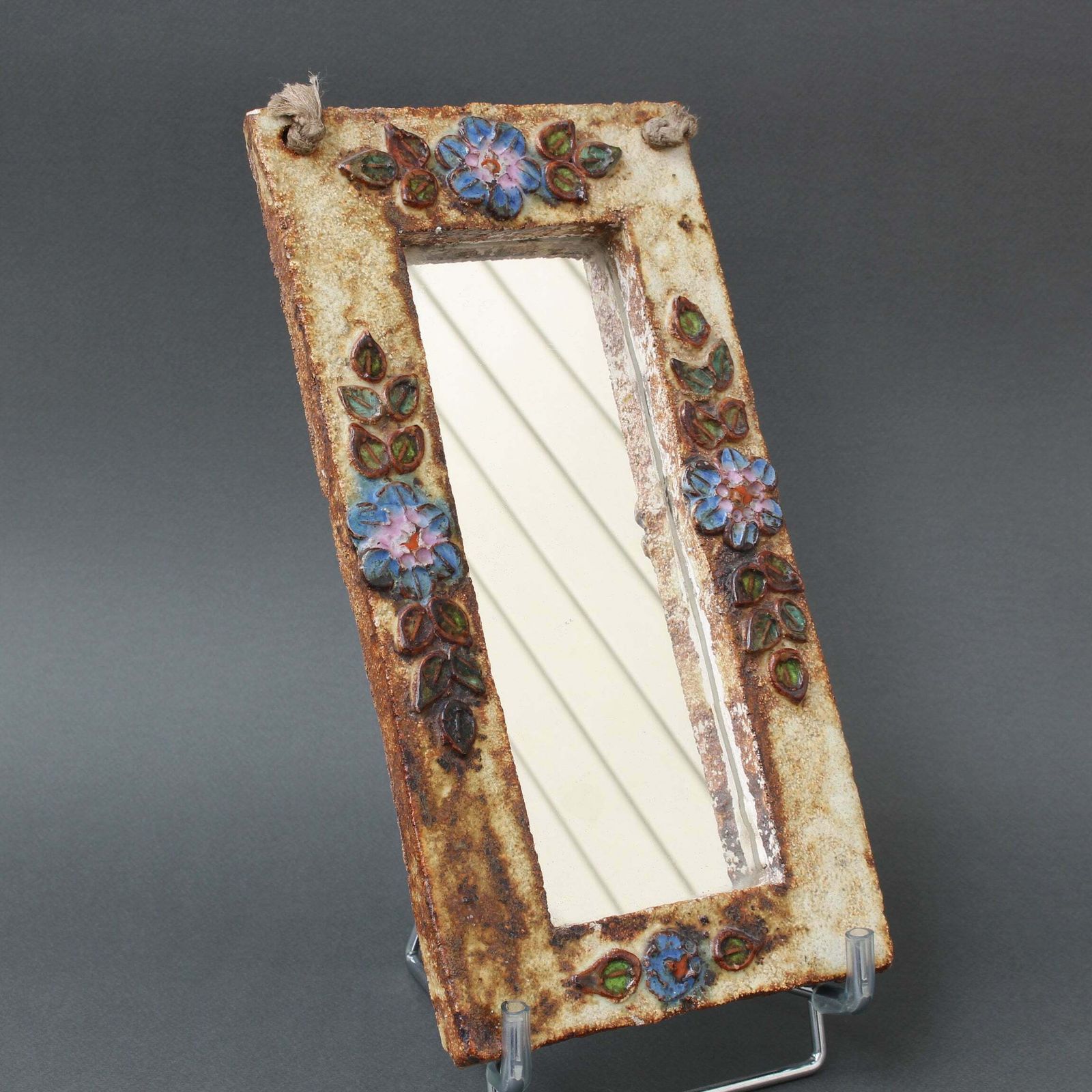 Ceramic Wall Mirror With Flower Motif By La Roue (Circa 1960s) photo for sale