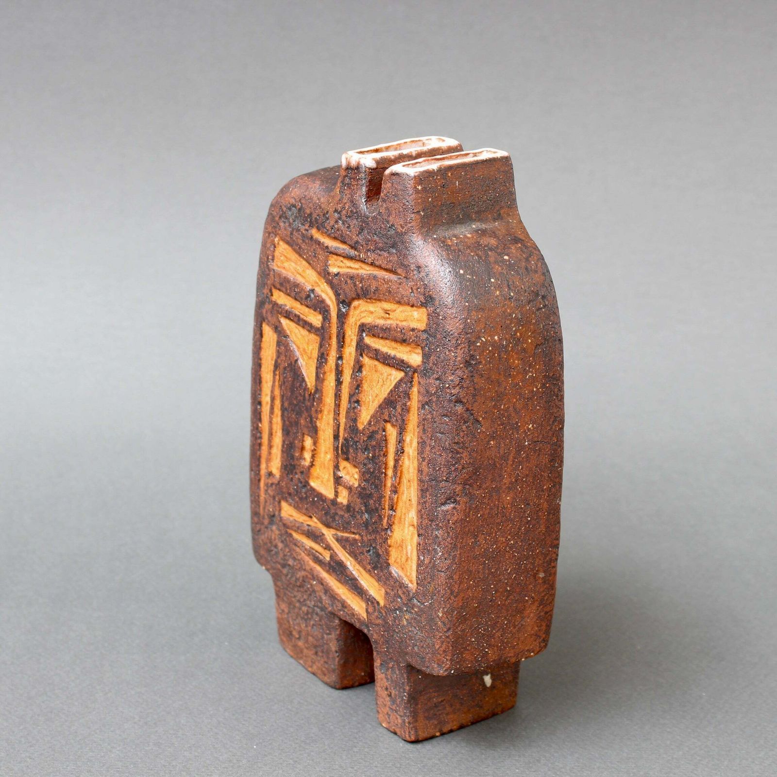 French Ceramic Vase With African Mask Motif Attributed To Jacqueline Lerat (Circa 1960s) photo vinterior