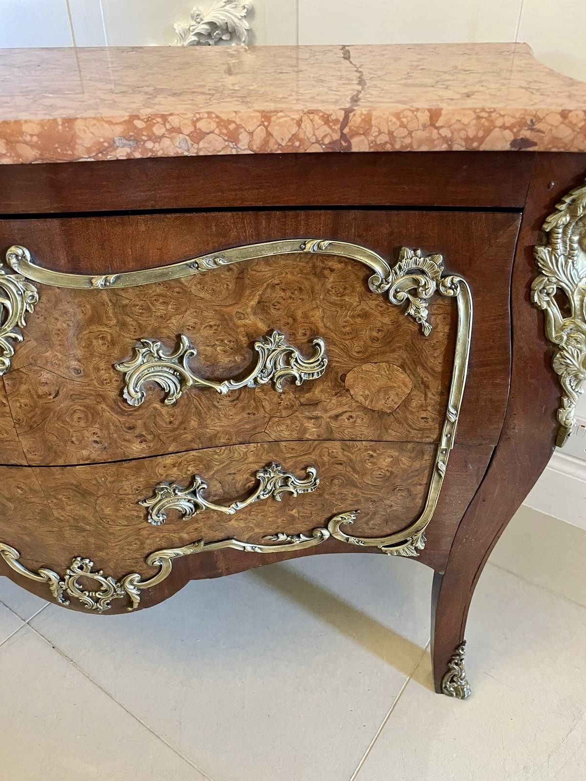 Antique French Quality Burr Walnut Marble Top Ormolu Mounted Commode photo for sale