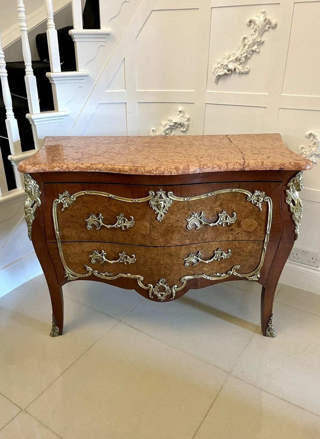 Antique French Quality Burr Walnut Marble Top Ormolu Mounted Commode