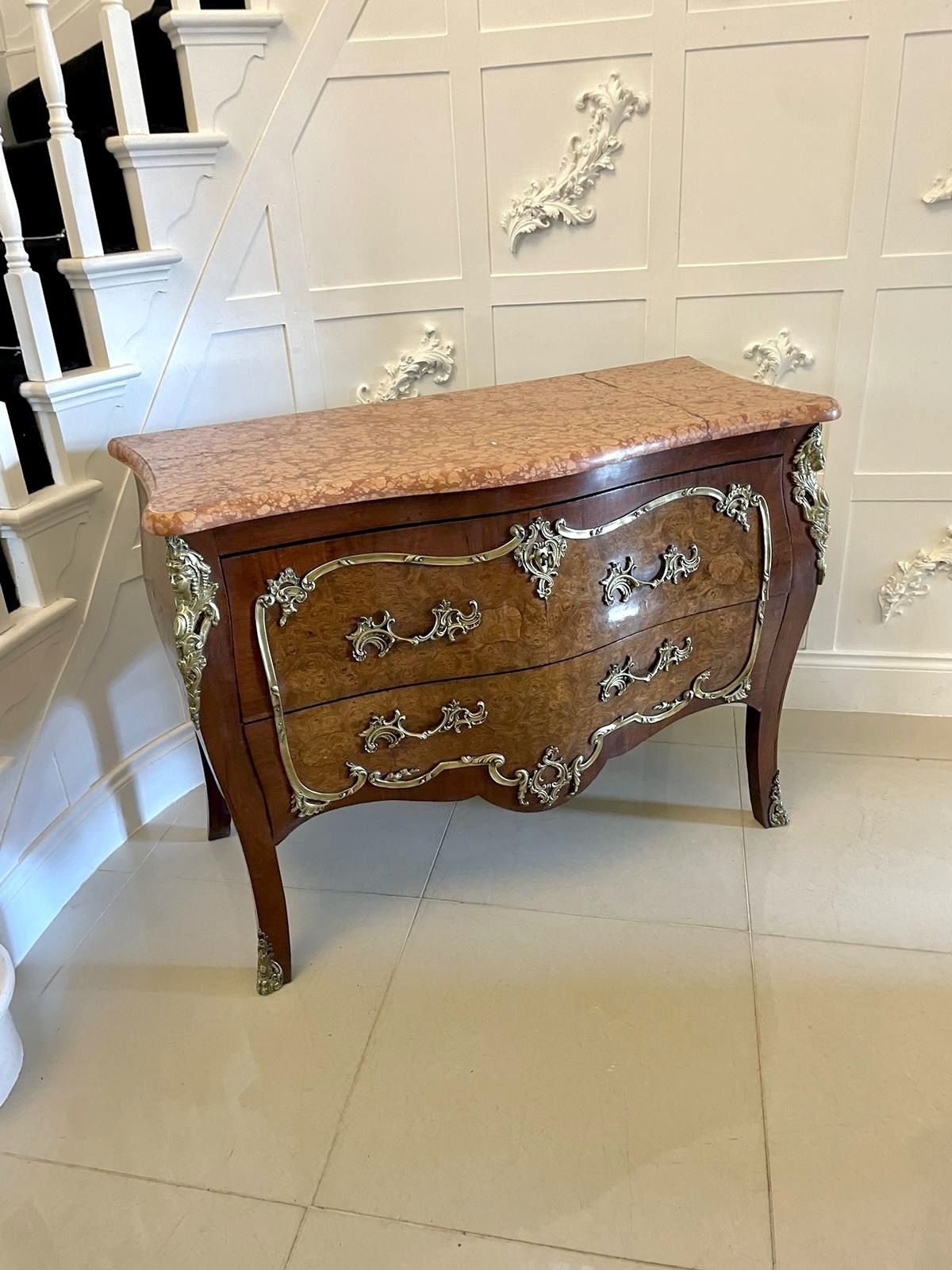 photo for sale Antique French Quality Burr Walnut Marble Top Ormolu Mounted Commode