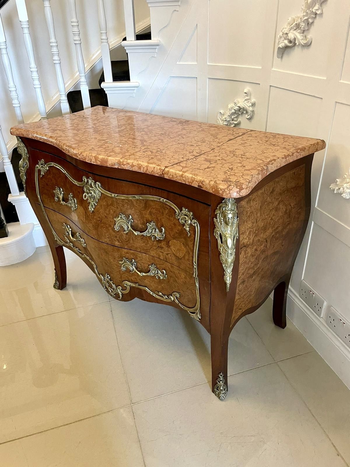 3494.98 Antique French Quality Burr Walnut Marble Top Ormolu Mounted Commode photo