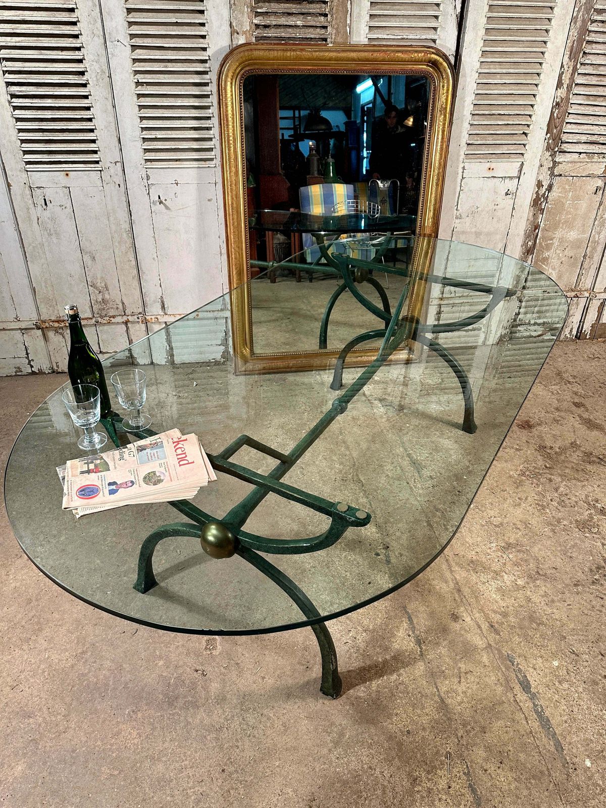Exceptional Midcentury Hand Forged Spanish Dining/Centre Table With Verdigris Brass Base & Inch Thick Rounded Glass Top photo furniture