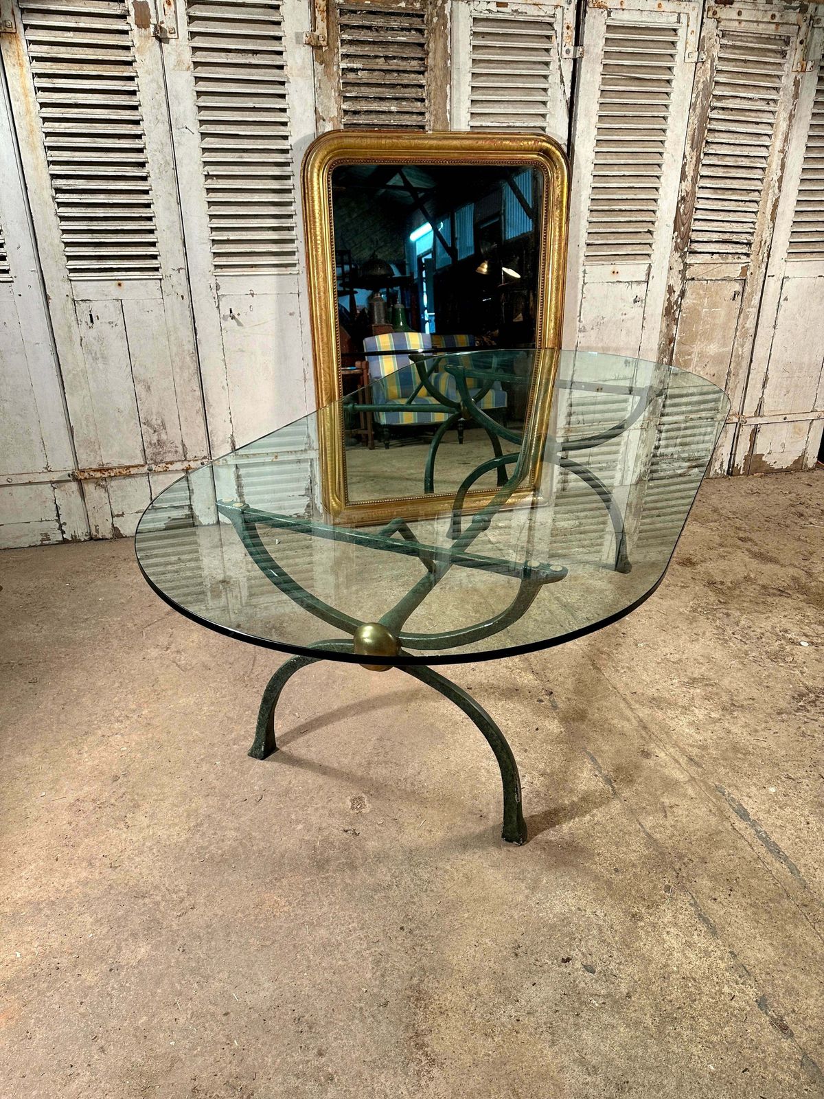 Exceptional Midcentury Hand Forged Spanish Dining/Centre Table With Verdigris Brass Base & Inch Thick Rounded Glass Top photo vinterior