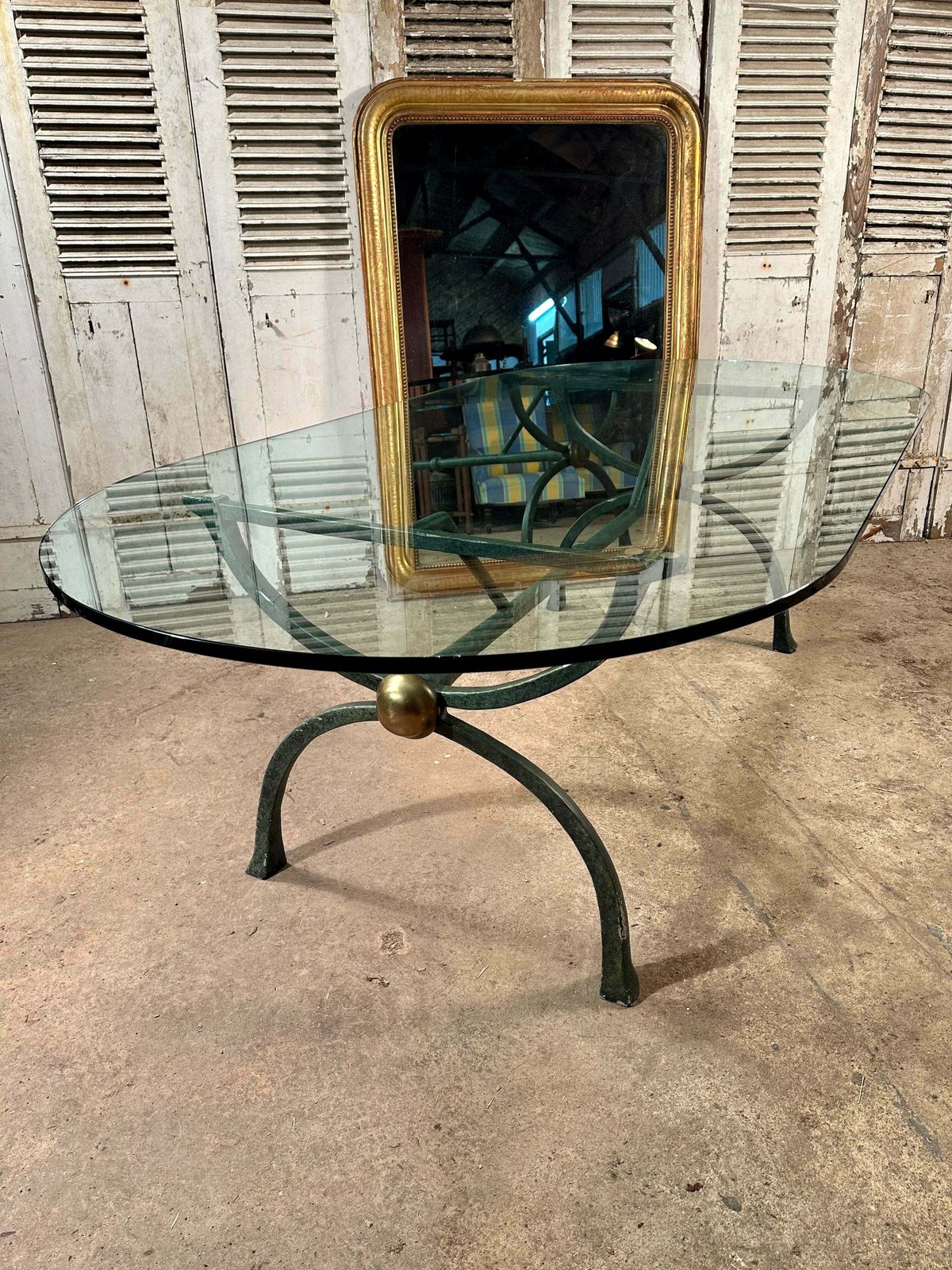 photo for sale Exceptional Midcentury Hand Forged Spanish Dining/Centre Table With Verdigris Brass Base & Inch Thick Rounded Glass Top
