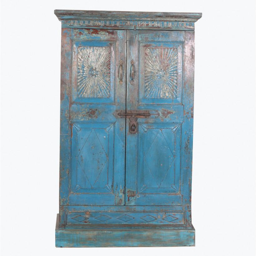 Blue Antique Sunflower 2 Door Hand Carved Cabinet photo furniture