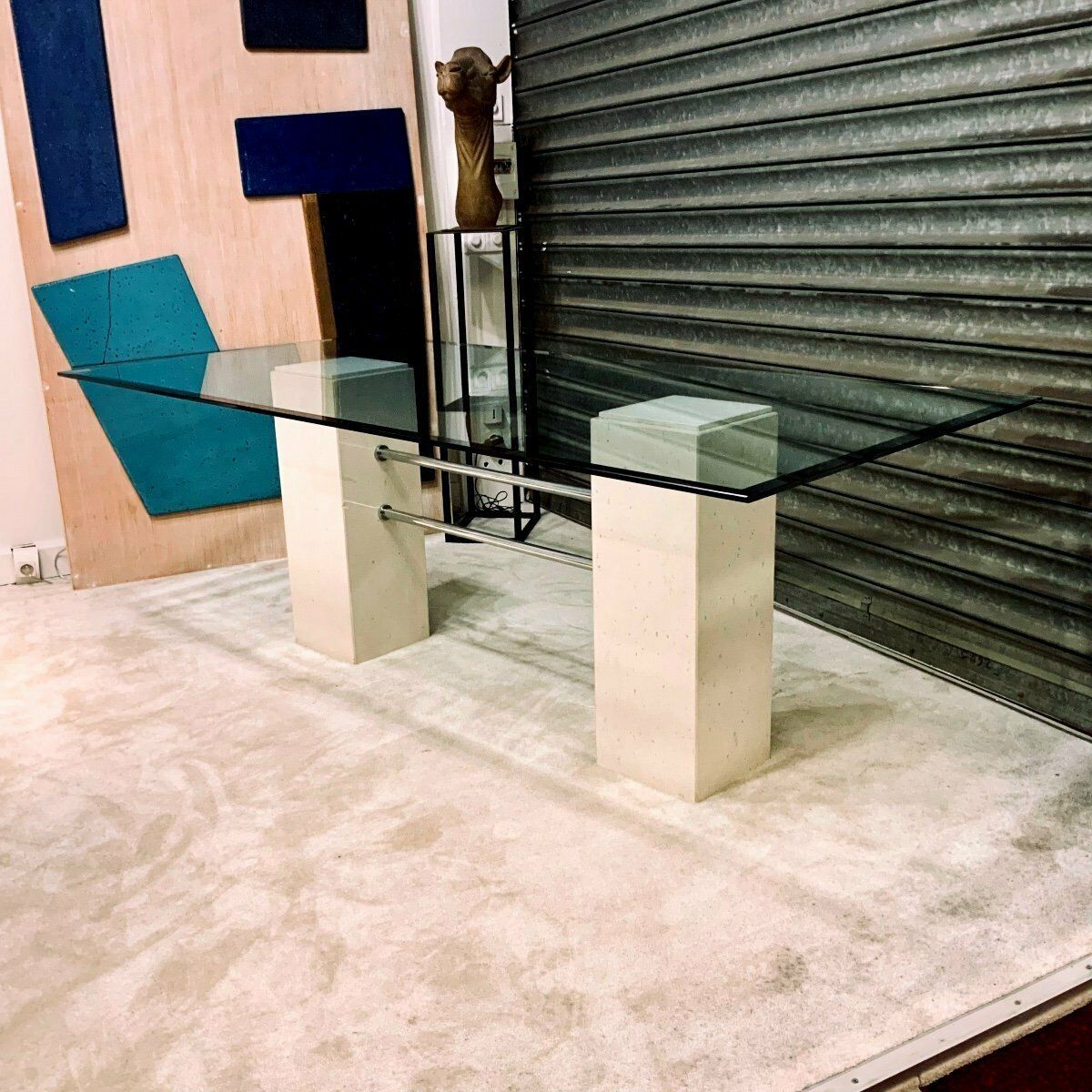 Design Dining Table In Travertine And Glass Top 1970s/80s