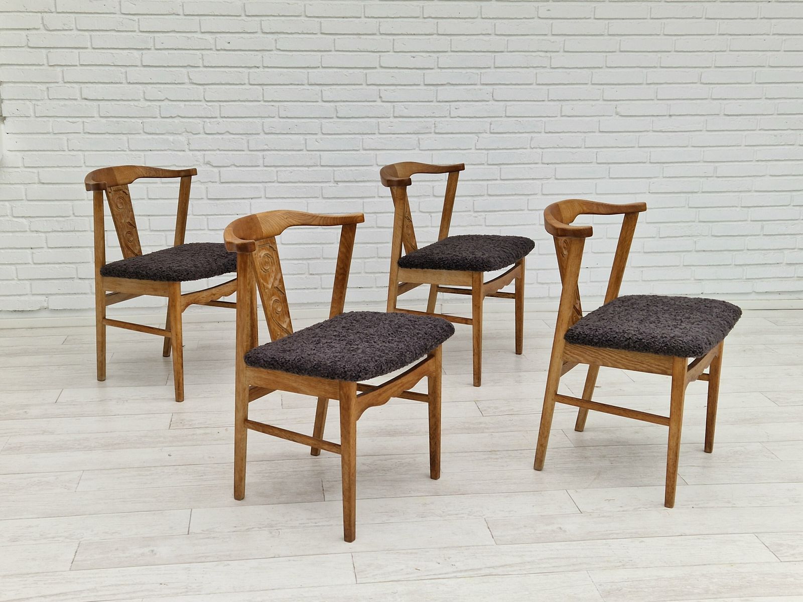 1960s, Danish Design By Henning Kjærnulf, Set Of 4 Dinning Chairs, Oak Wood, Sheepskin Imitation.