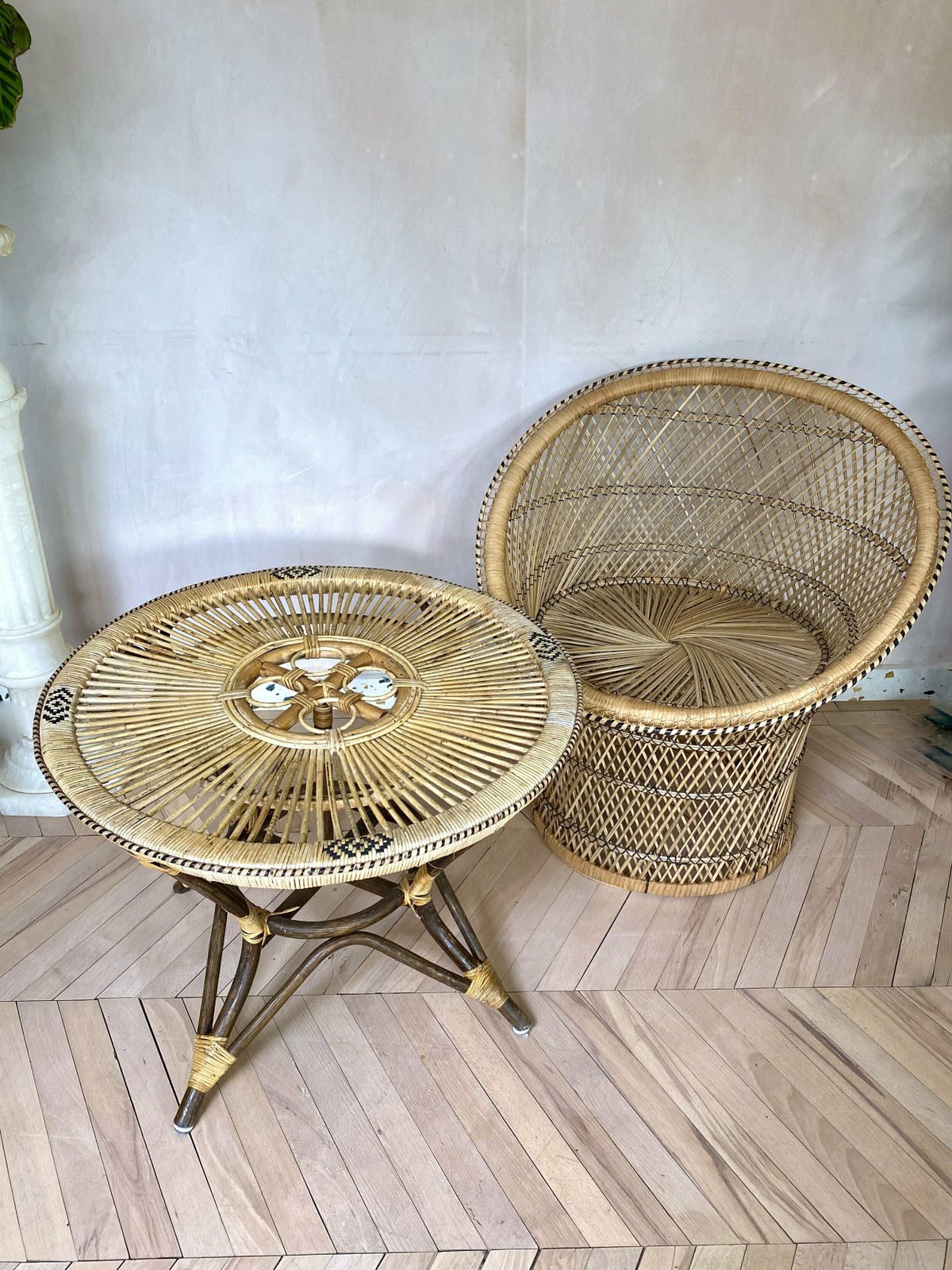 Original 1960s Peacock Rattan Tub Chair & Matching Table photo furniture