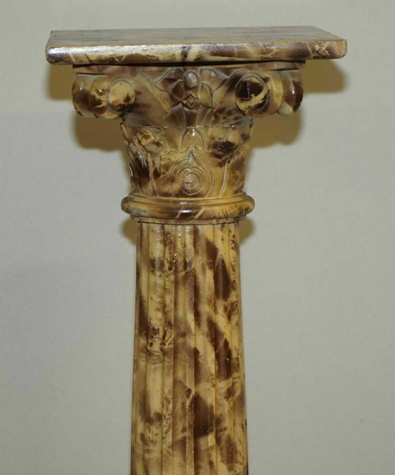 Pair Of Antique Hand Carved Corinthian Pillar Pedestal Stands Faux Marble Paint photo vinterior
