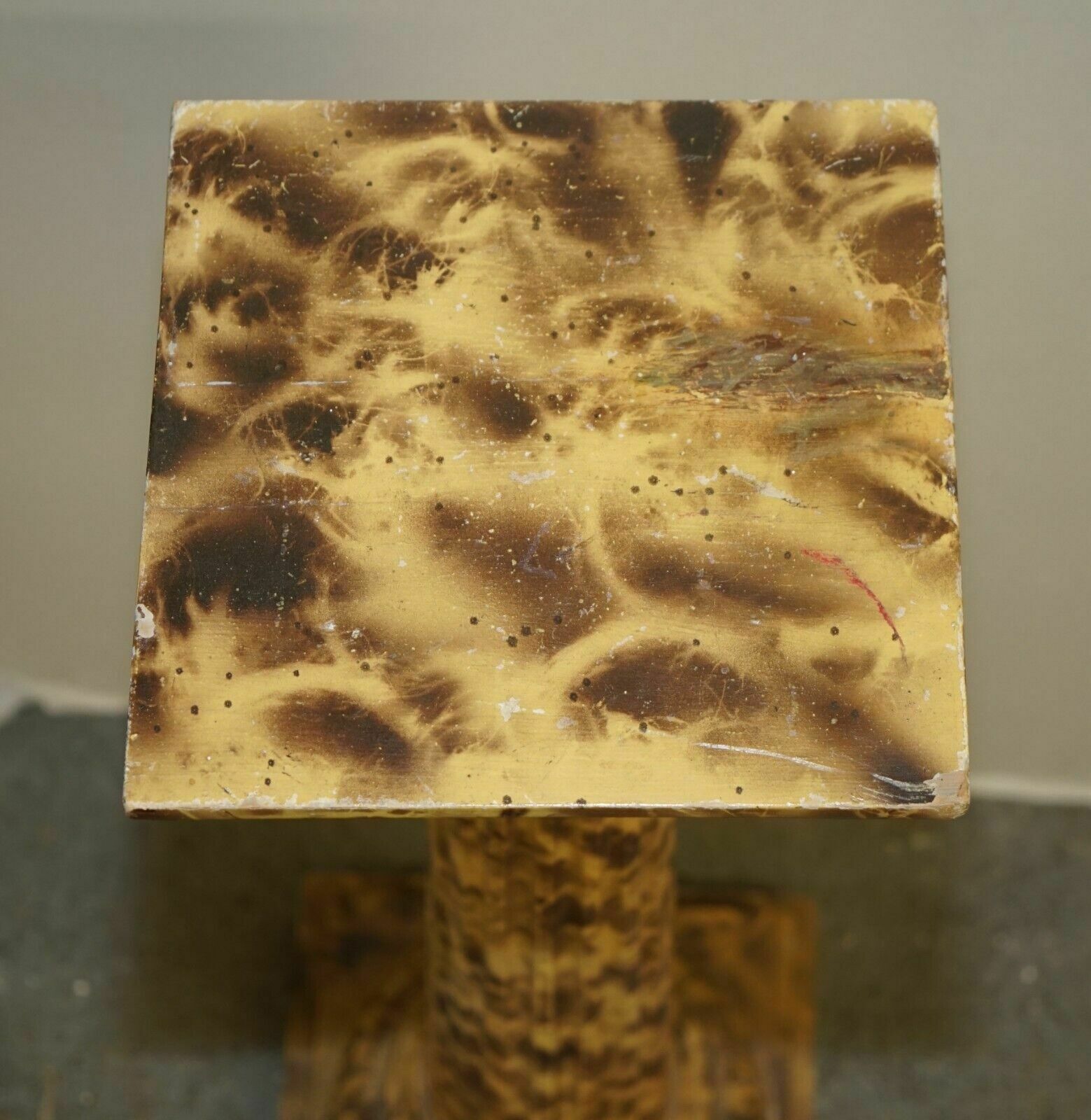 photo furniture Pair Of Antique Hand Carved Corinthian Pillar Pedestal Stands Faux Marble Paint