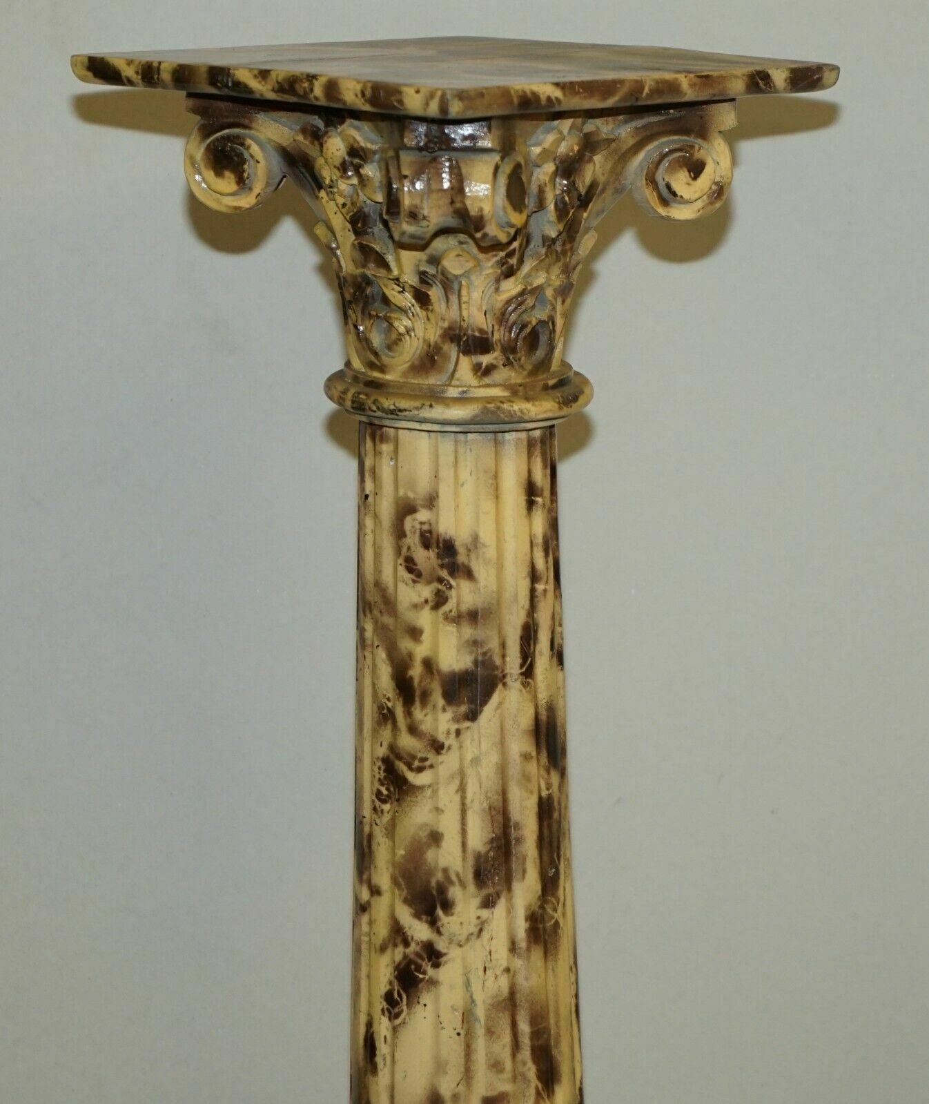 photo buy Pair Of Antique Hand Carved Corinthian Pillar Pedestal Stands Faux Marble Paint