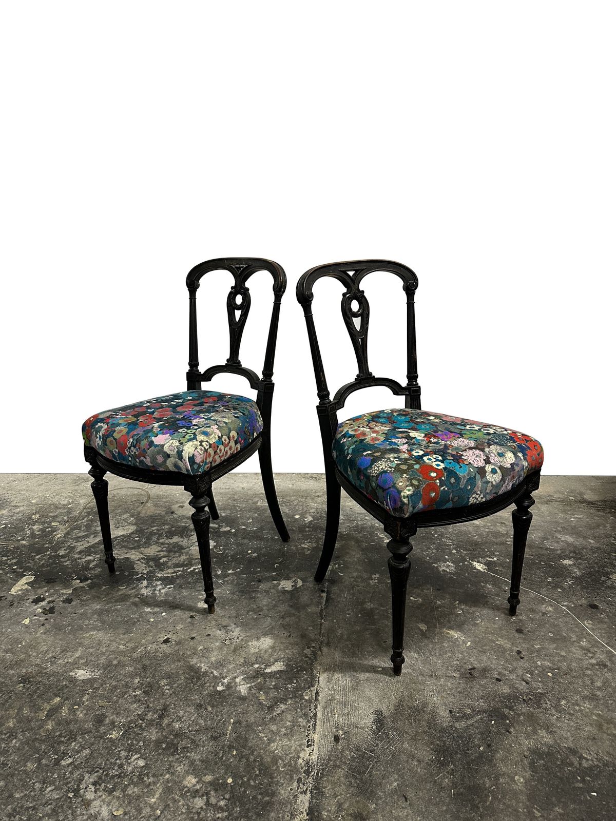 Pair Two Antique Aesthetic Movement Ebonised Hall Side Bedroom Chair In Velvet Fabric By House Of Hackney photo furniture
