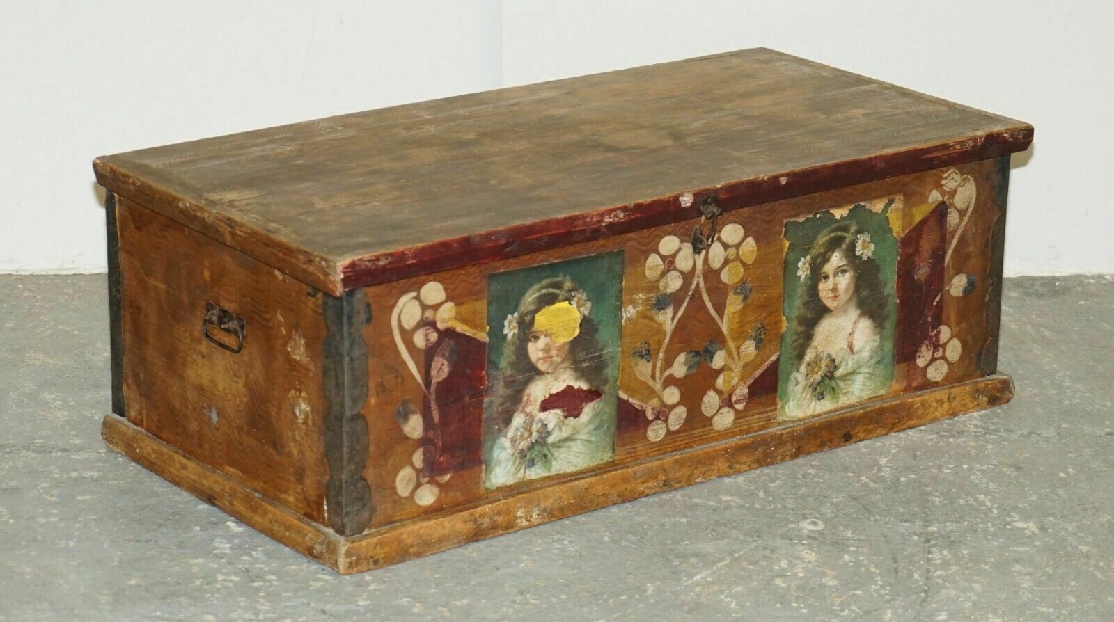 Circa 1900 Original Paint Romanian Blanket Chest Coffer Trunk Children Pictures