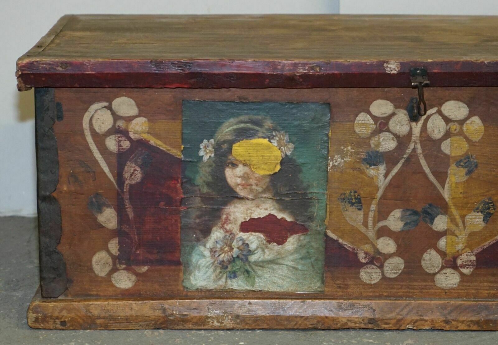 Circa 1900 Original Paint Romanian Blanket Chest Coffer Trunk Children Pictures photo for sale