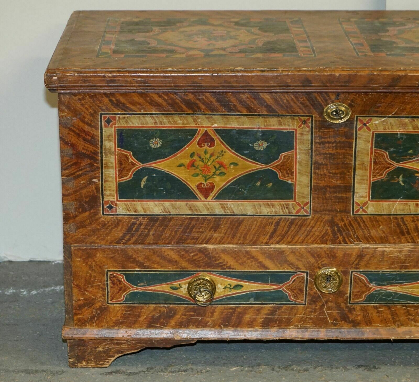 1875 Large Antique Original Paint Romanian Blanket Chest Coffer Trunk Drawer photo for sale