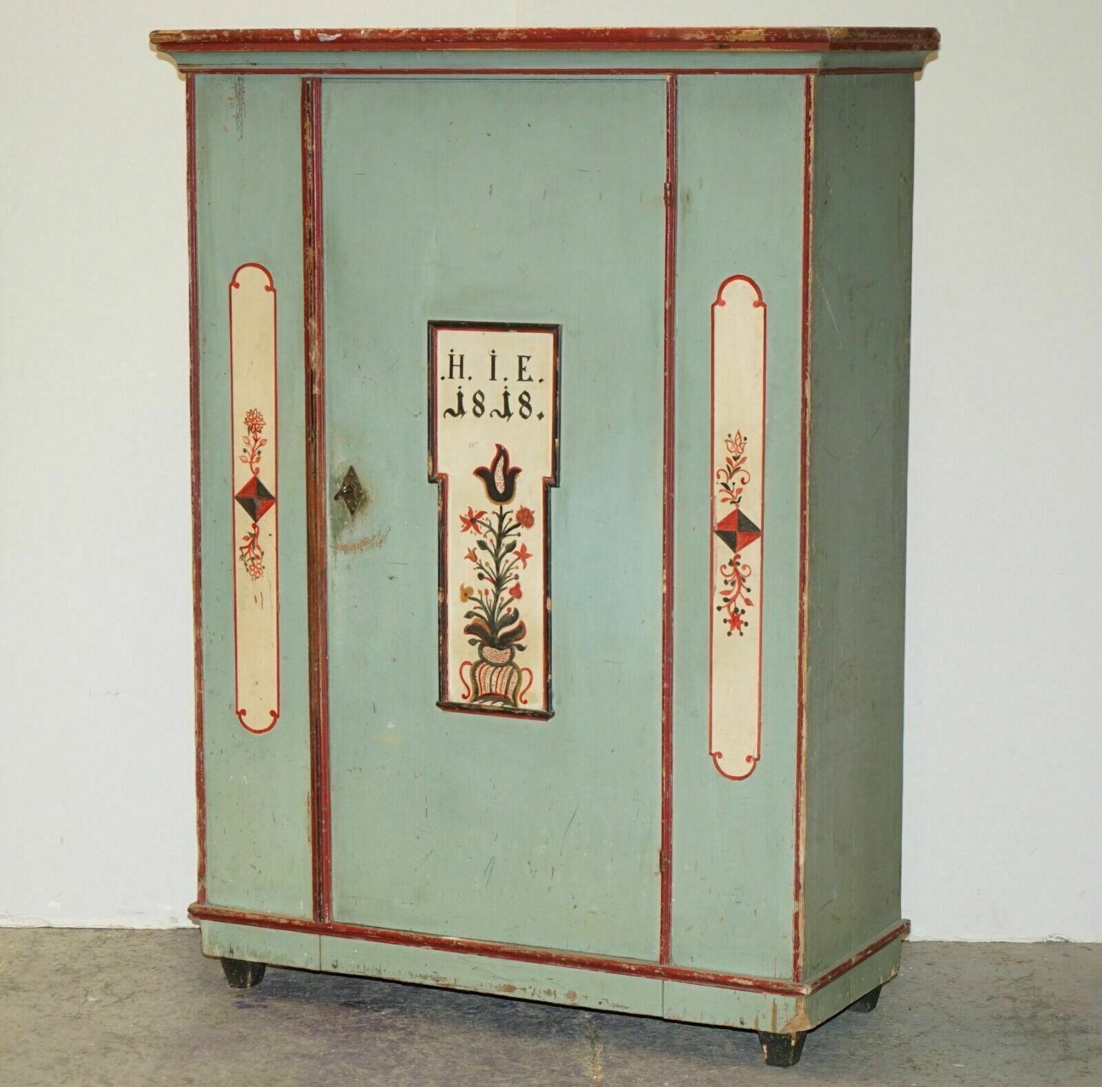 Antique 1818 Dated Aqua Blue Hand Painted German Marriage Wardrobe Rare Colour