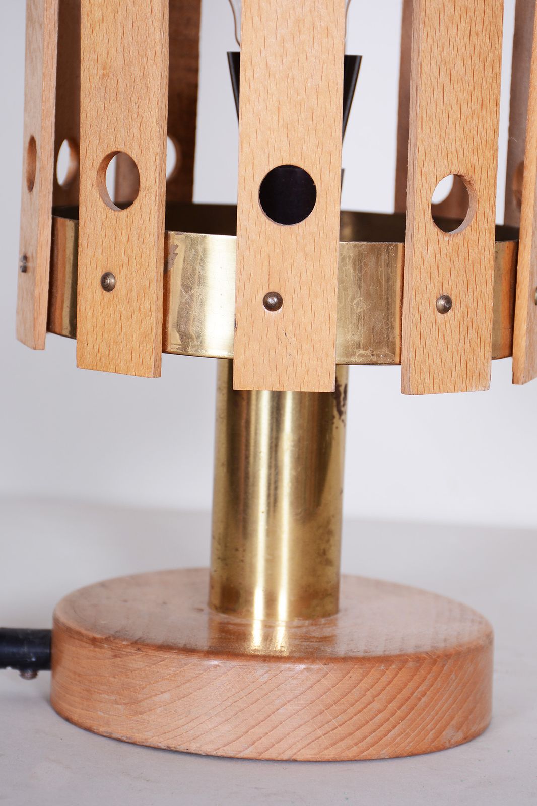 Fully Functional Midcentury Table Lamp, Made By Pokrok Zilina, Beech, Brass, Slovakia, 1960s photo furniture