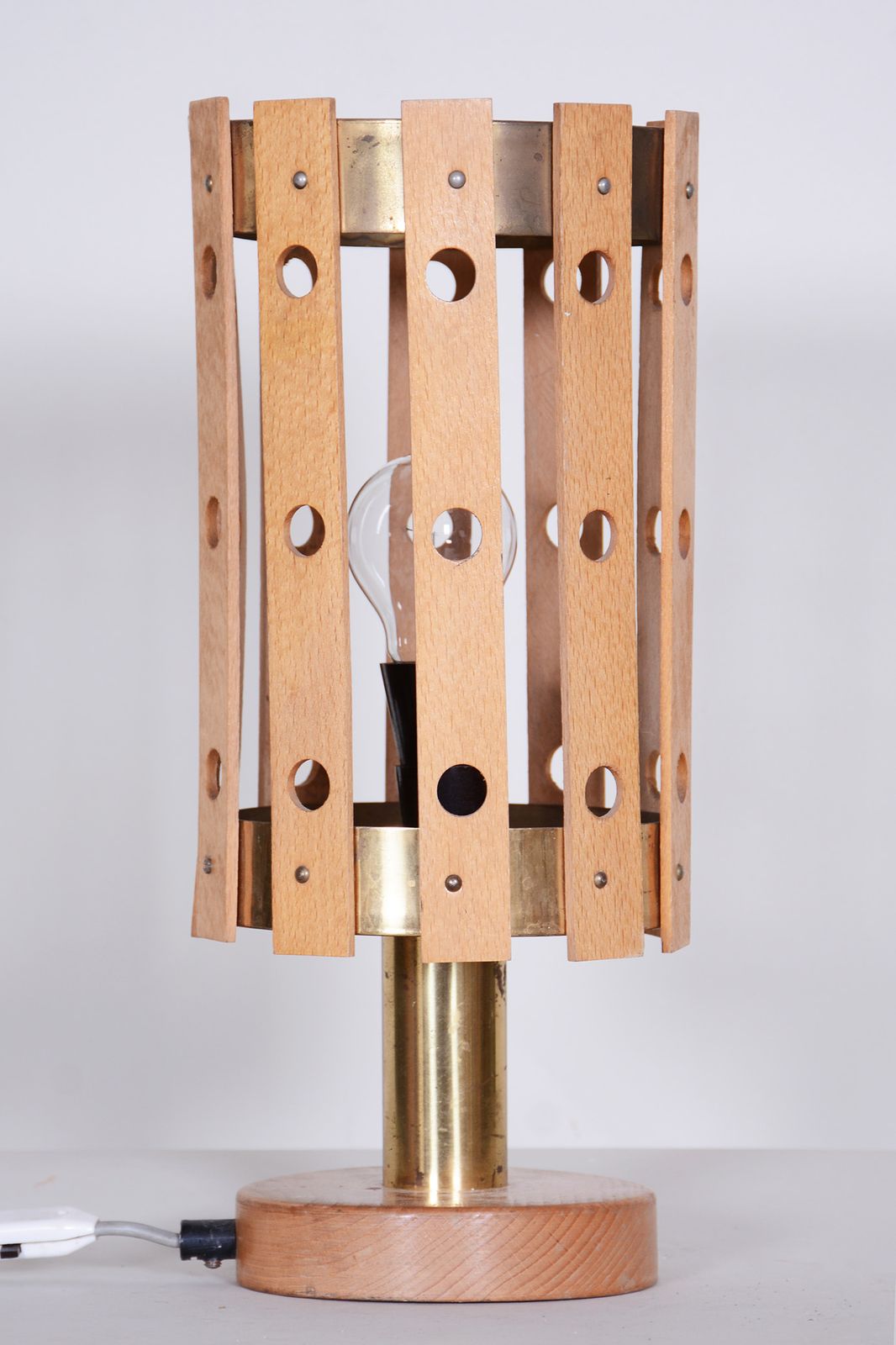 Fully Functional Midcentury Table Lamp, Made By Pokrok Zilina, Beech, Brass, Slovakia, 1960s photo buy