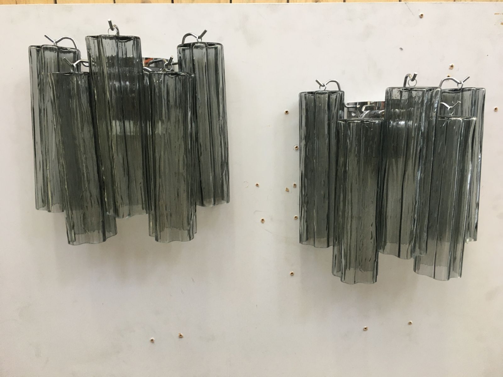 A Pair Of 2 Murano Glass  Wall Sconces  Rare Gray Color  With A Kromo Metal Frame Mazzega Zuccheri Venini Barovier Style