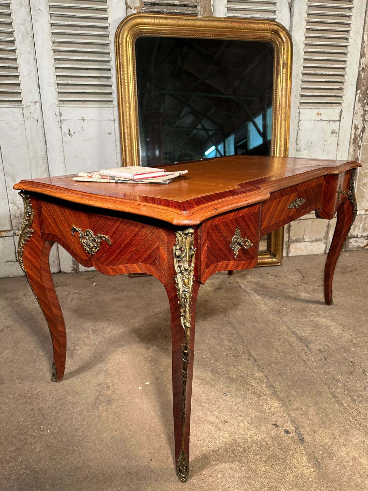 A Beautiful Antique Rosewood Louis Philippe XV French Writing Desk With Tooled Leather Insert Ormolu Mounts On Swept Legs