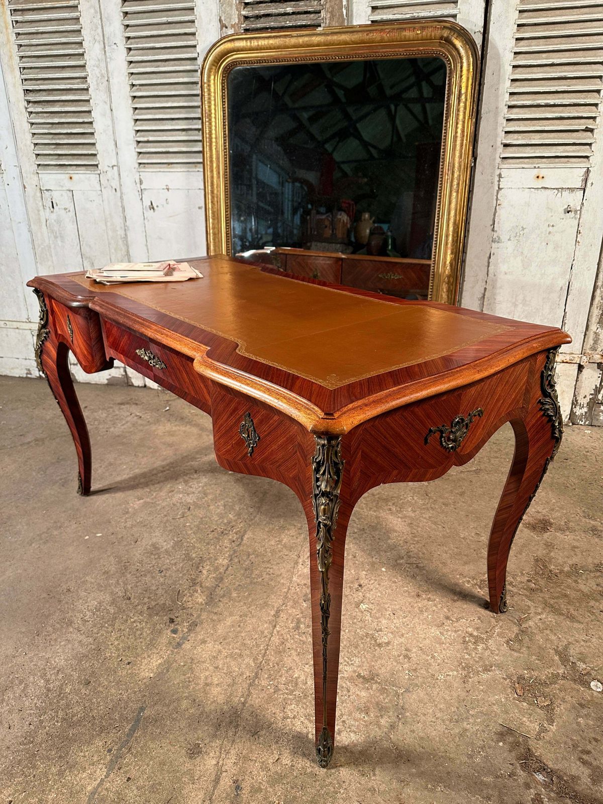 A Beautiful Antique Rosewood Louis Philippe XV French Writing Desk With Tooled Leather Insert Ormolu Mounts On Swept Legs photo furniture