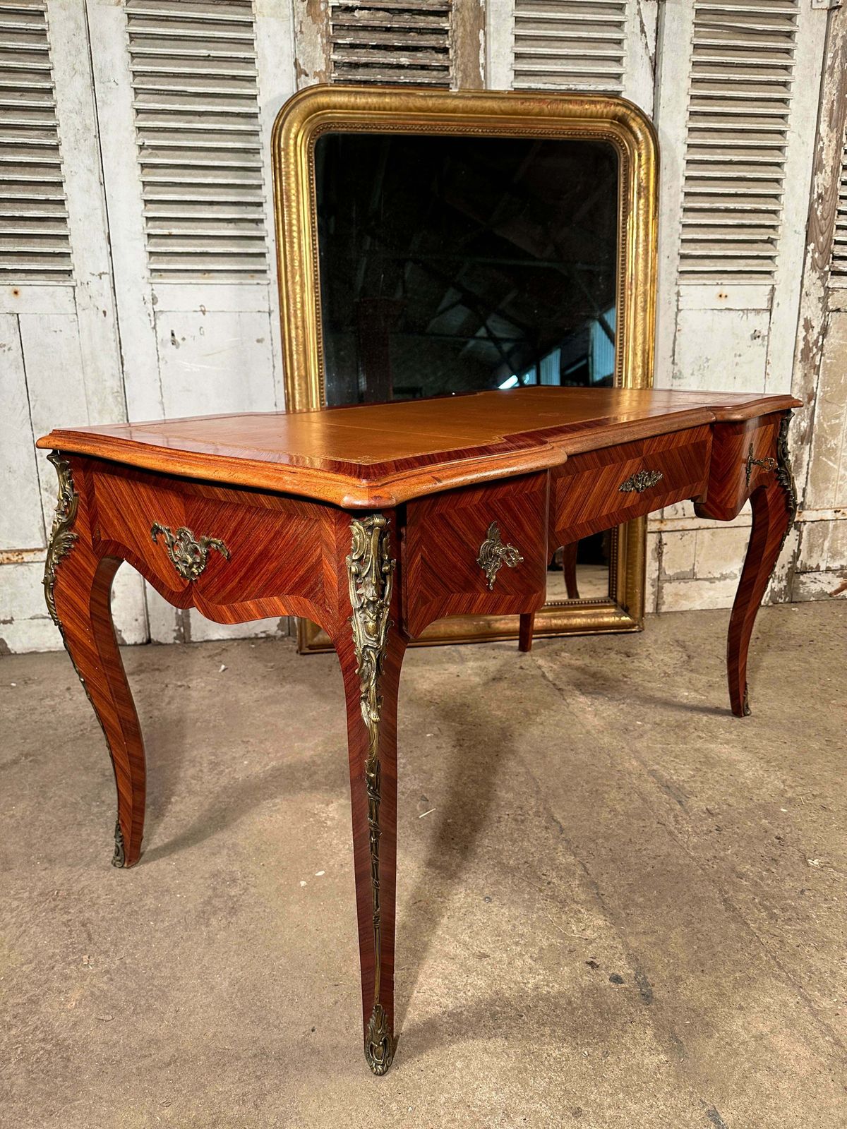 A Beautiful Antique Rosewood Louis Philippe XV French Writing Desk With Tooled Leather Insert Ormolu Mounts On Swept Legs photo 985.0