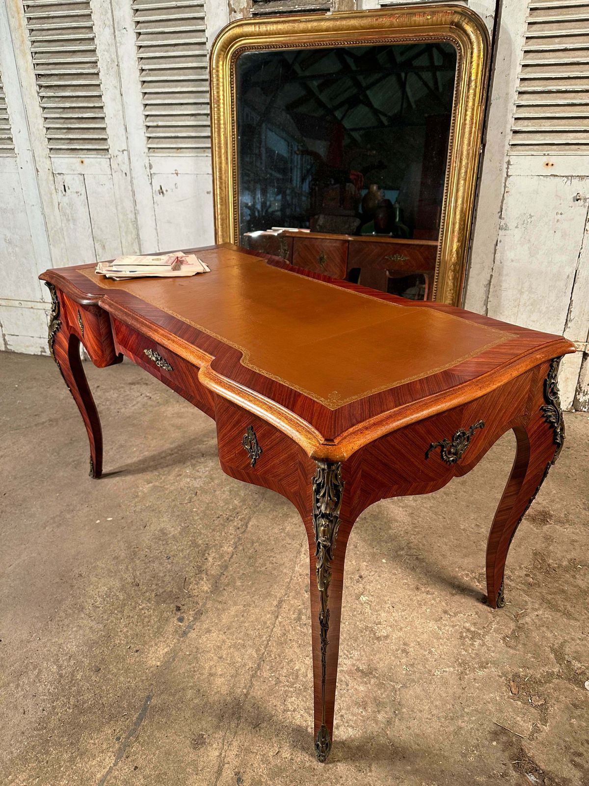 A Beautiful Antique Rosewood Louis Philippe XV French Writing Desk With Tooled Leather Insert Ormolu Mounts On Swept Legs photo vinterior