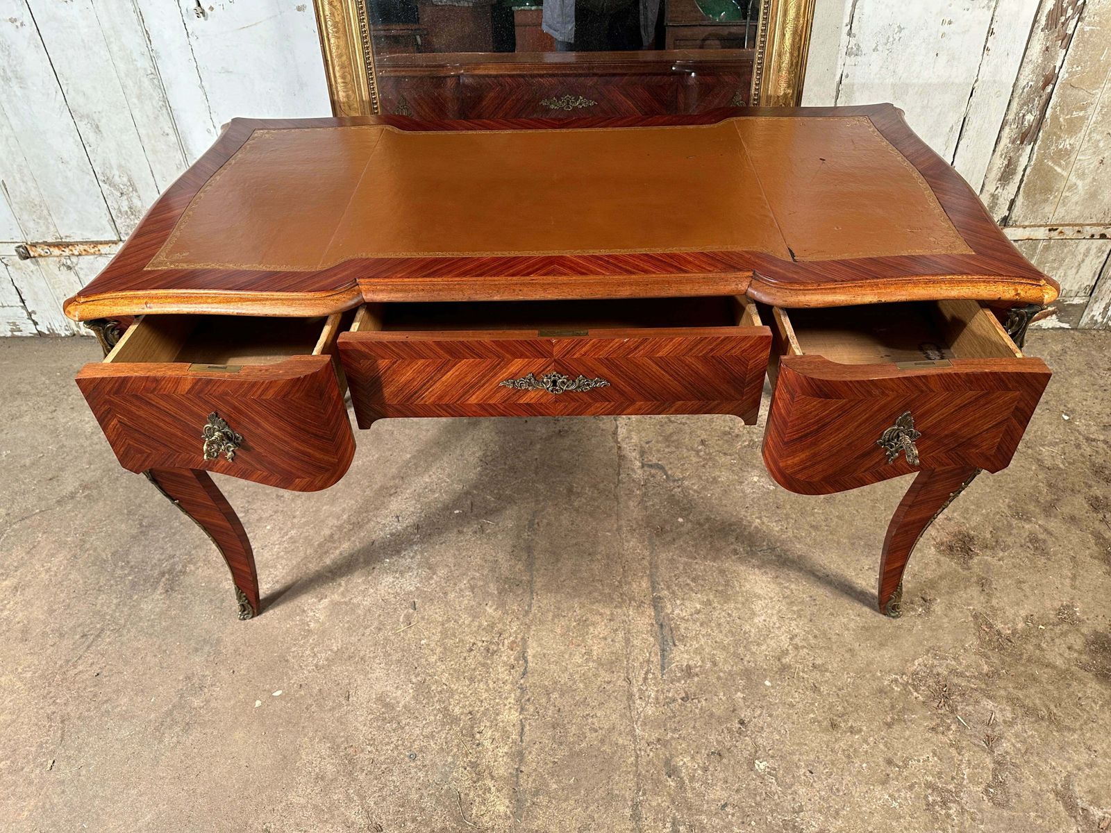 A Beautiful Antique Rosewood Louis Philippe XV French Writing Desk With Tooled Leather Insert Ormolu Mounts On Swept Legs photo buy