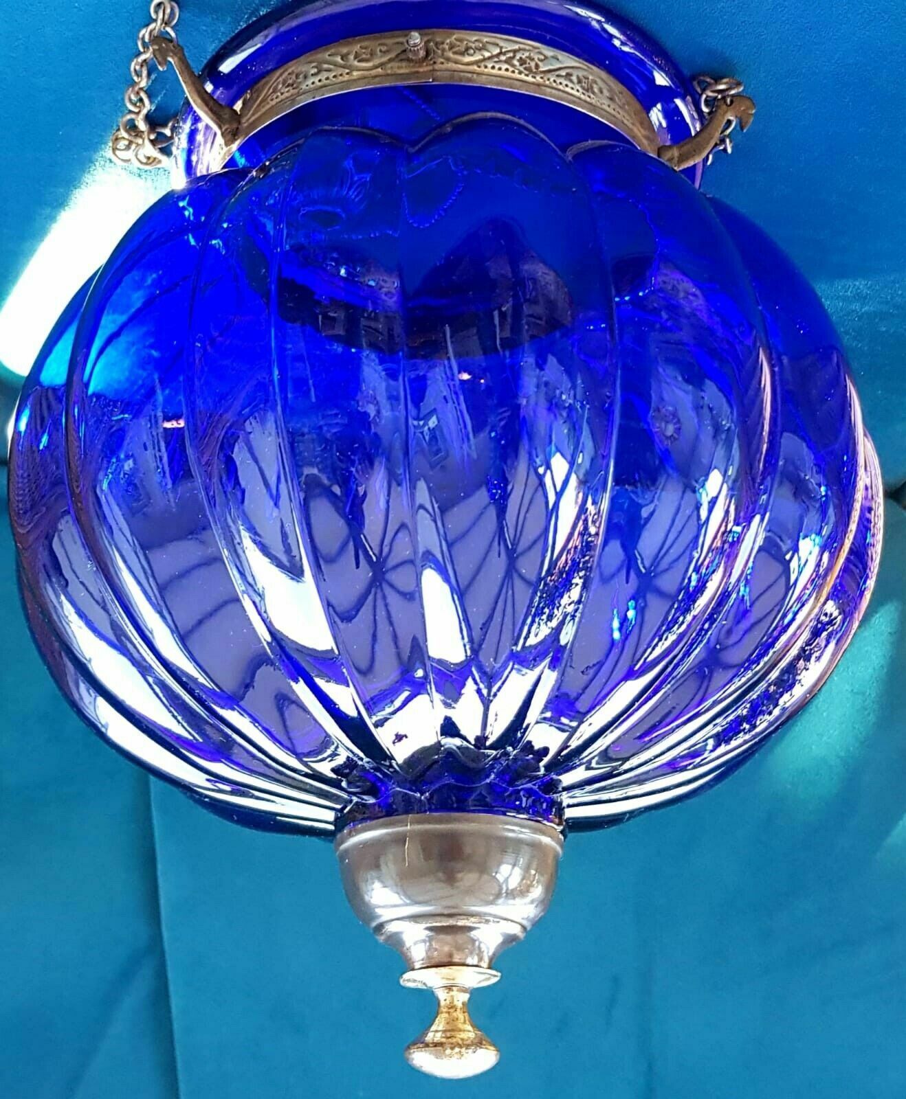 Colonial Antique Hanging Blue Hundi Glass Pumpkin Bell Jar Hanging Lantern Light photo furniture