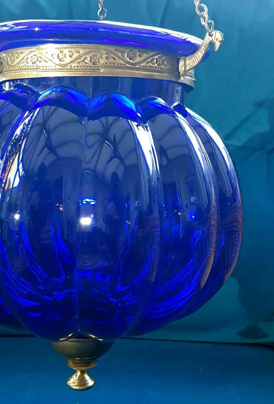 Colonial Antique Hanging Blue Hundi Glass Pumpkin Bell Jar Hanging Lantern Light photo 495.0