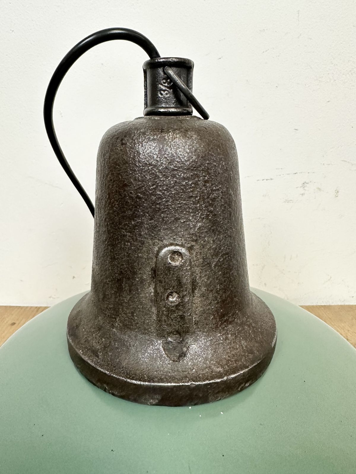 photo for sale Industrial Green Enamel Factory Lamp With Cast Iron Top, 1960s