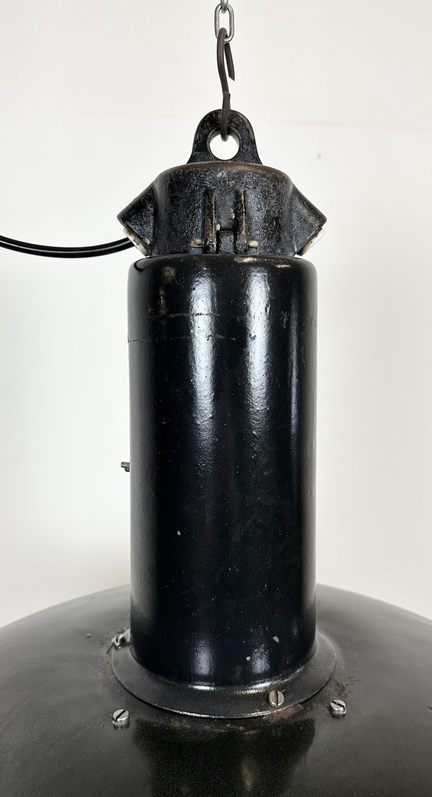 Industrial Black Enamel Factory Pendant Lamp With Iron Top, 1950s photo 199.0