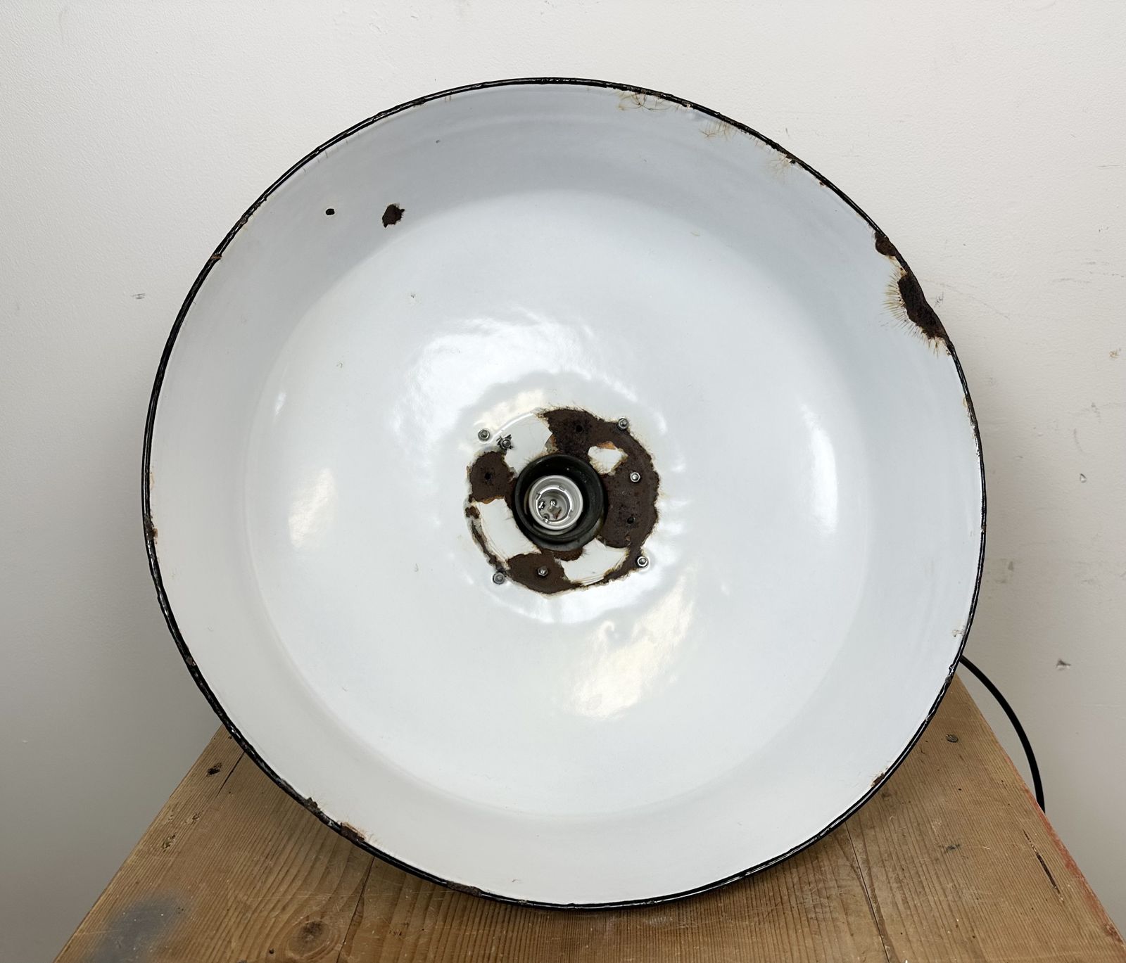 photo buy Industrial Black Enamel Factory Pendant Lamp With Iron Top, 1950s
