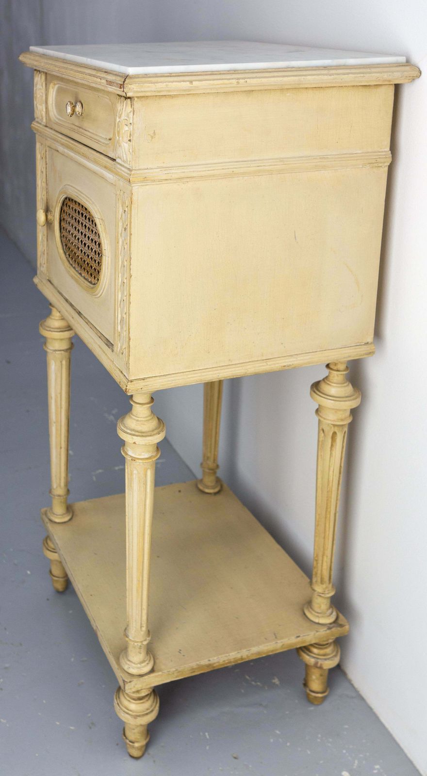 French Bedside Table Patinated Wood, Marble Top & Cane Door Louis XVI St, C 1900 photo Furniture