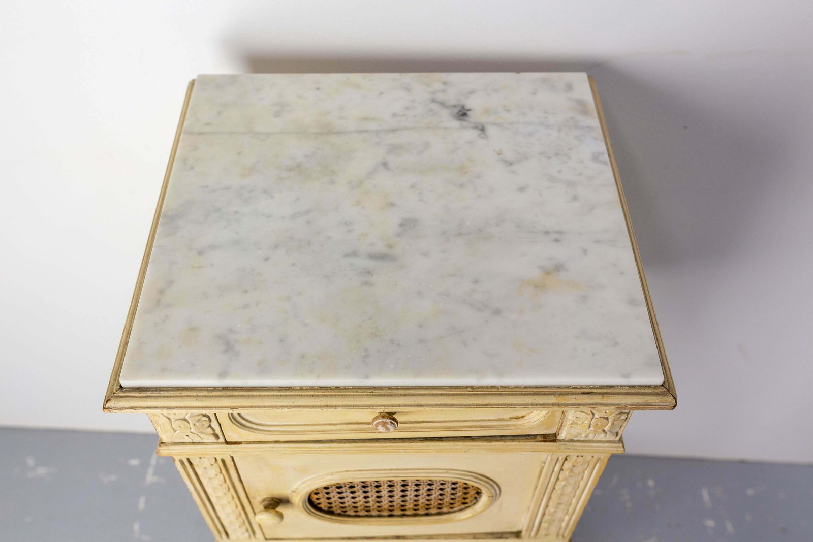 French Bedside Table Patinated Wood, Marble Top & Cane Door Louis XVI St, C 1900 photo vinterior