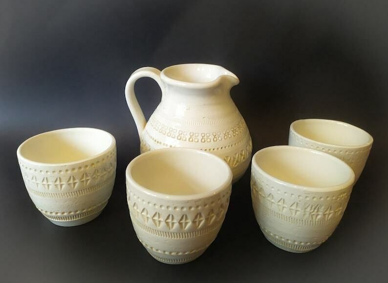Table Set In White Ceramic Bitossi 4 Cups + Jug Flavia Montelupo Aldo Londi Vintage Design