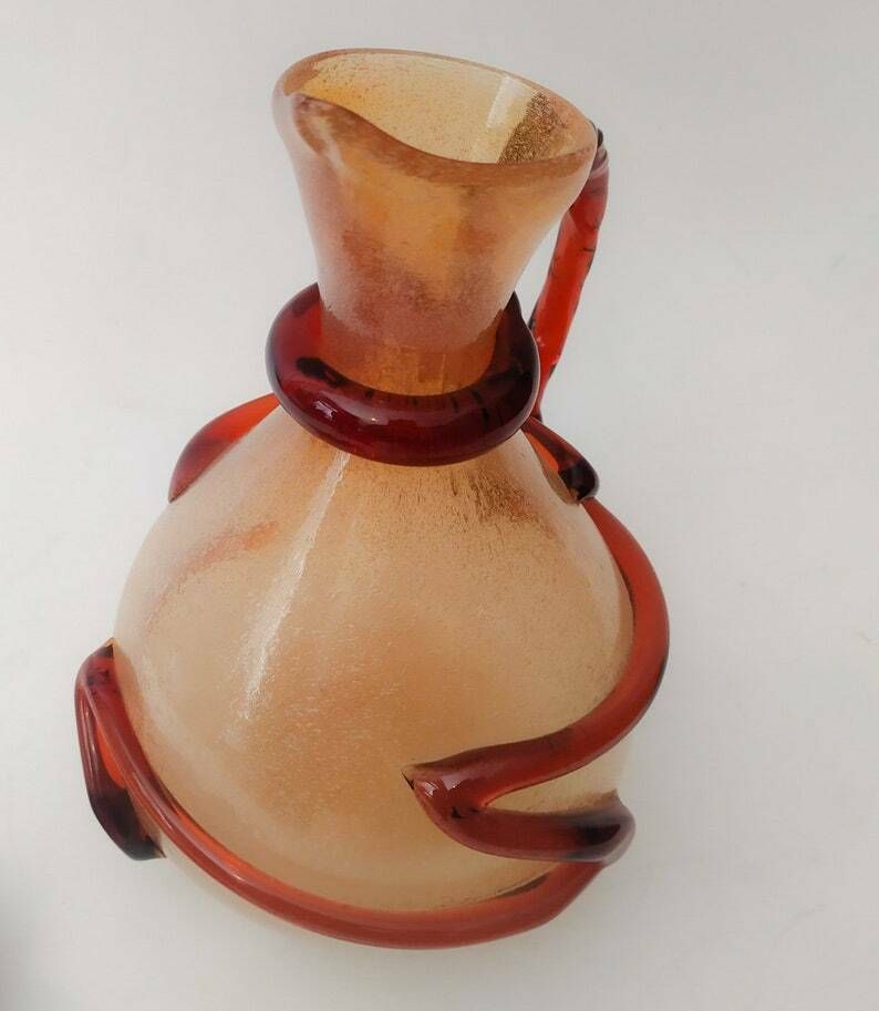 Murano Glass Liquor Service Set Vintage Amber Italian Design Jug Bottle 4 Glasses photo vinterior