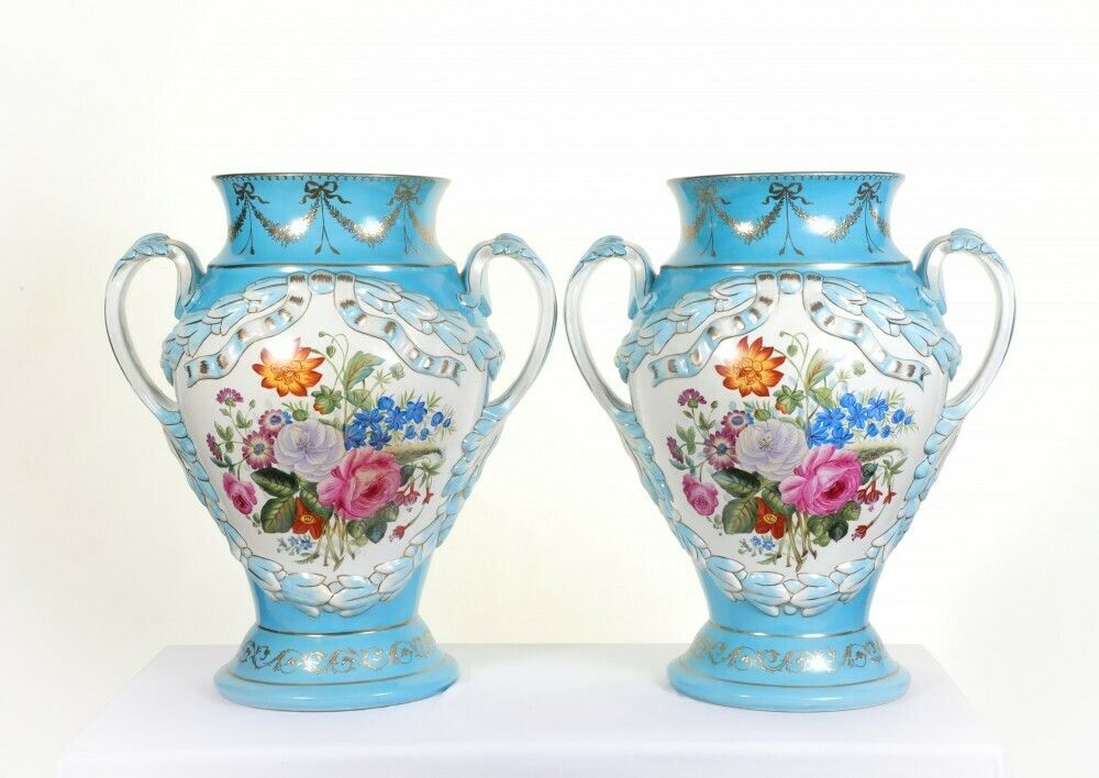 Pair Sevres Porcelain Vases Floral Urns French photo furniture