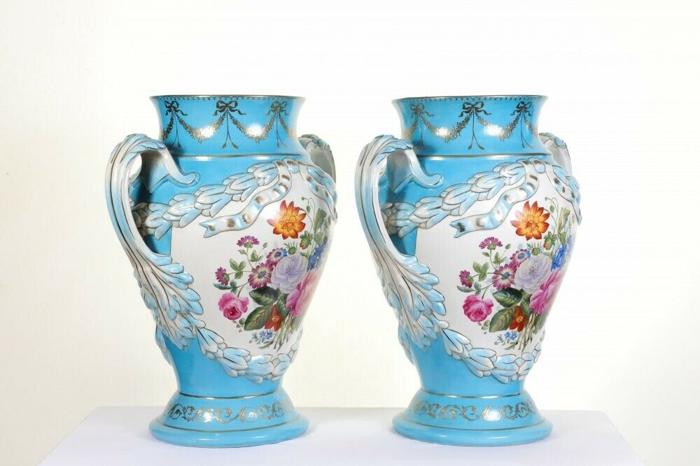 photo furniture Pair Sevres Porcelain Vases Floral Urns French